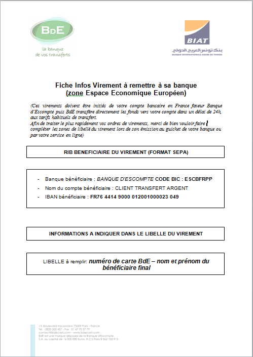 Fiche Infos Virement à remettre à sa banque